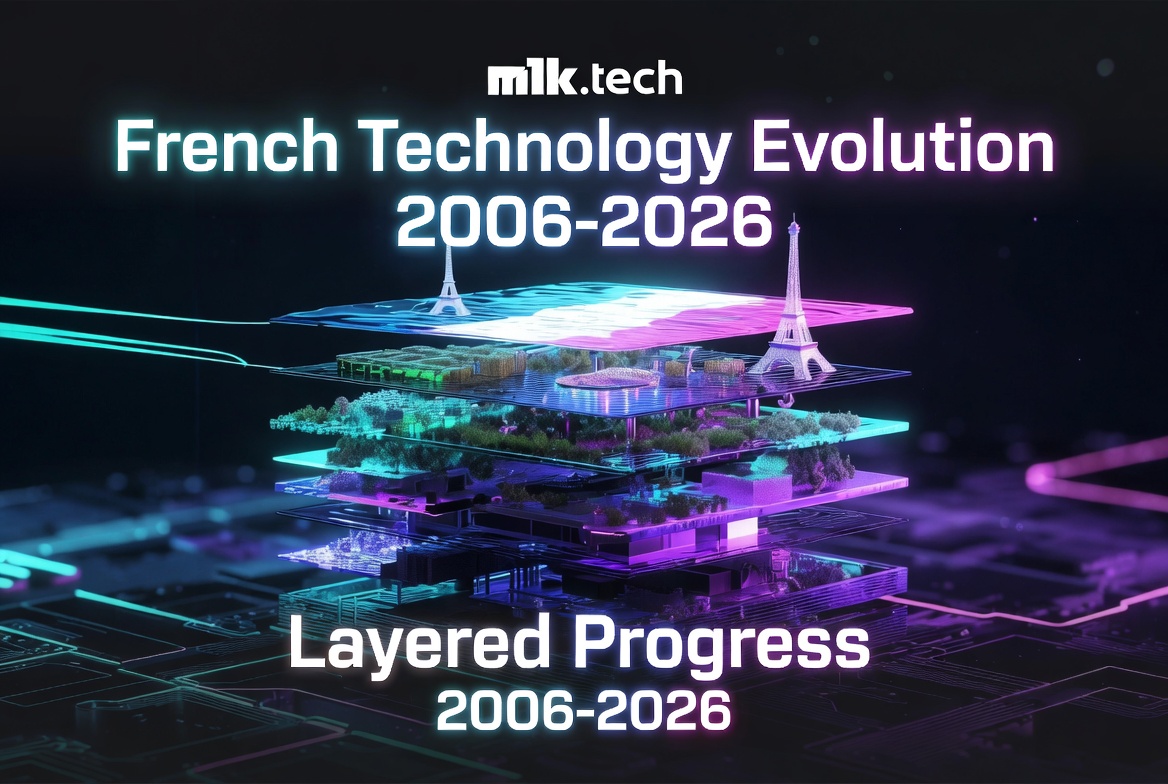mlk.tech infographic titled French Technology Evolution 2006-2026: Layered Progress, featuring a futuristic layered cityscape with Eiffel Tower models