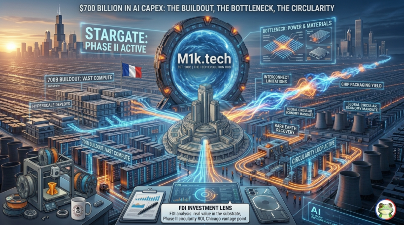 Infographic titled "$700 Billion in AI Capex: The Buildout, The Bottleneck, The Circularity" showing a futuristic data center landscape with labeled callouts: Stargate Phase II Active, 700B Buildout Vast Compute, Hyperscale Deploys, Bottleneck Power & Materials, Interconnect Limitations, Chip Packaging Yield, Circularity Loop Active, Rare Earth Recovery, and FDI Investment Lens