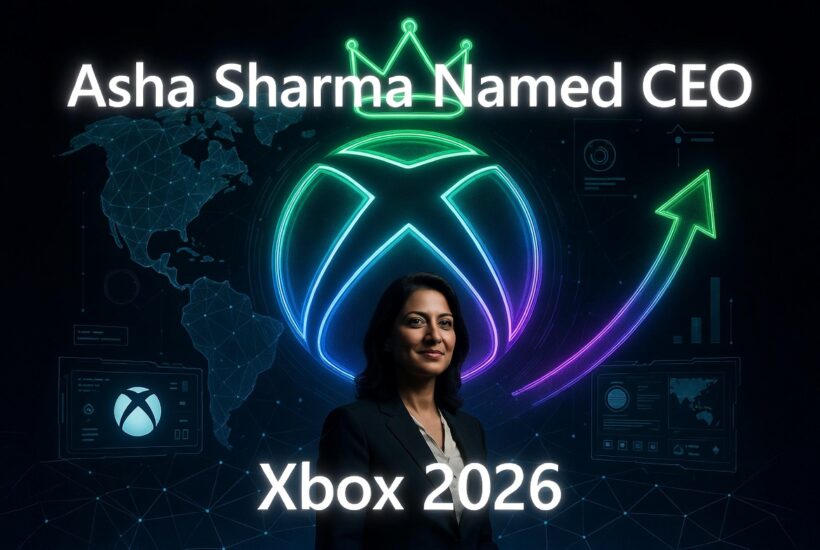 Asha Sharma Named CEO Xbox 2026, with the Xbox logo crowned and a neon upward arrow against a global tech backdrop