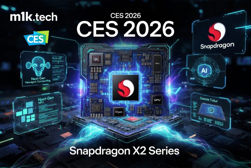 CES 2026 – Snapdragon X2 Series promotional graphic highlighting the Oryon CPU, Next-Gen NPU, GPU, and AI capabilities on a futuristic chip render