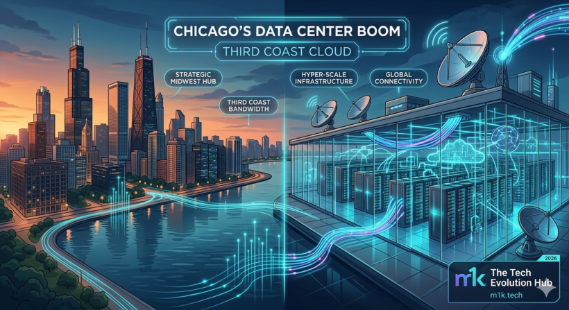 Illustrated infographic titled Chicago's Data Center Boom: Third Coast Cloud, showing the Chicago skyline connected by fiber lines to a hyper-scale data center facility, with labels for Strategic Midwest Hub, Third Coast Bandwidth, Hyper-Scale Infrastructure, and Global Connectivity