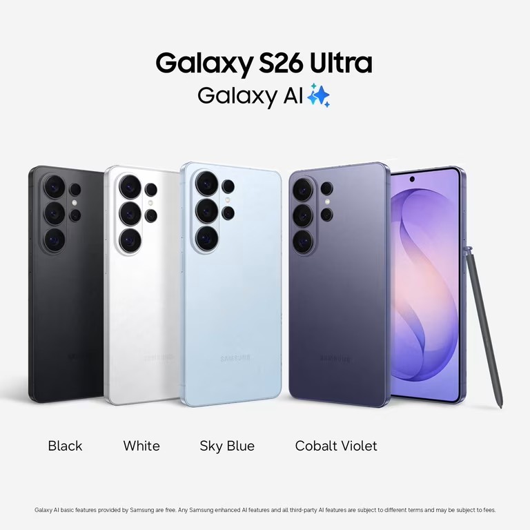 Samsung Galaxy S26 Ultra with Galaxy AI, shown in four colors: Black, White, Sky Blue, and Cobalt Violet