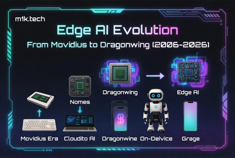 Infographic titled Edge AI Evolution: From Movidius to Dragonwing (2006–2026), showing stages including Movidius Era, Cloudito AI, Nomes, Dragonwine, On-Device, Dragonwing, Grage, and Edge AI chips