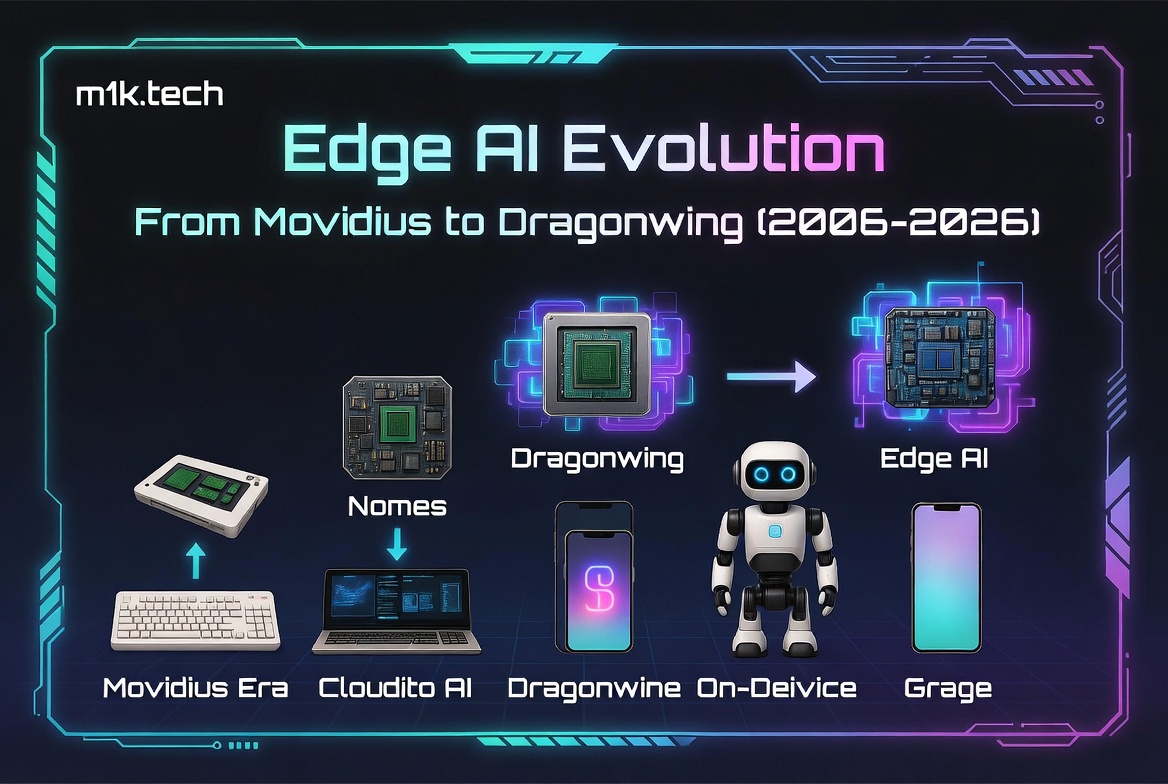 Infographic titled Edge AI Evolution: From Movidius to Dragonwing (2006–2026), showing stages including Movidius Era, Cloudito AI, Nomes, Dragonwine, On-Device, Dragonwing, Grage, and Edge AI chips