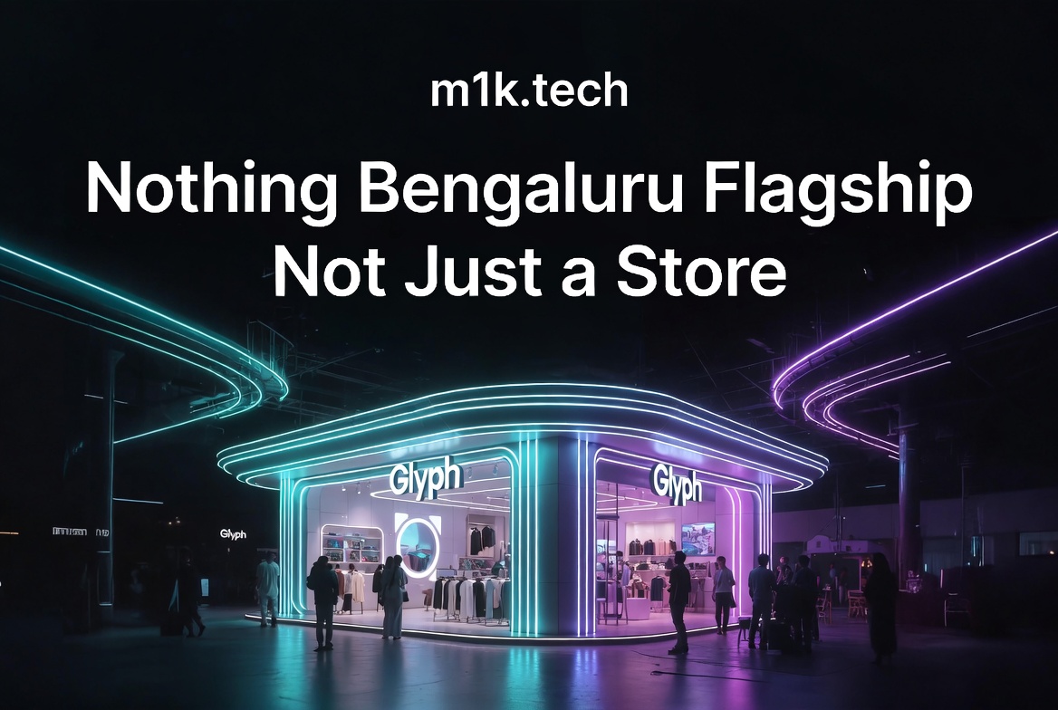 Nothing Bengaluru Flagship — Not Just a Store: futuristic Glyph store with teal and purple neon lighting, from m1k.tech