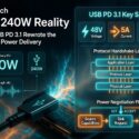 Infographic: USB PD 3.1 key specs — 48V, 5A, 240W — with protocol handshake layers and power negotiation flow from source to power contract established