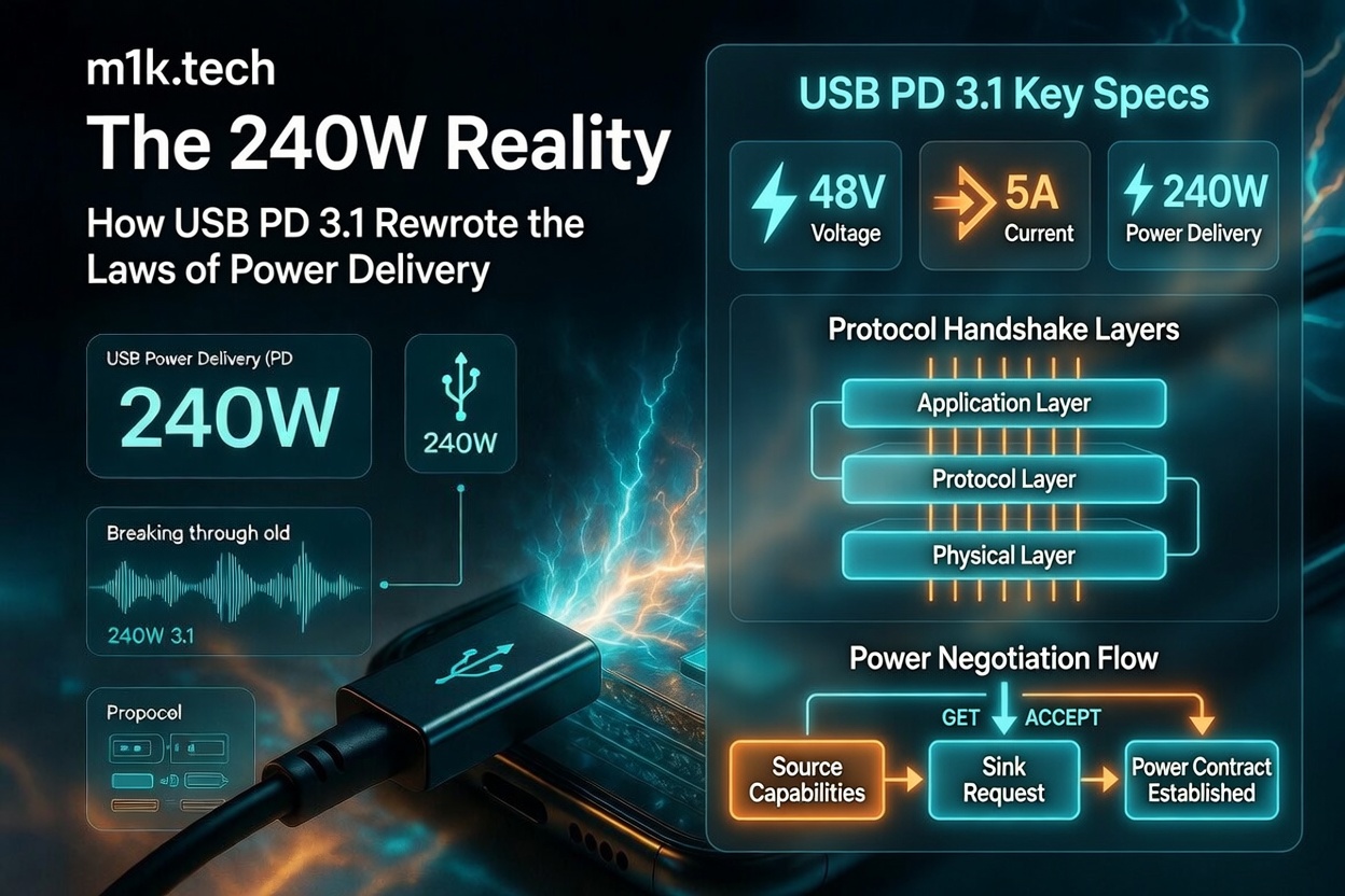 Infographic: USB PD 3.1 key specs — 48V, 5A, 240W — with protocol handshake layers and power negotiation flow from source to power contract established