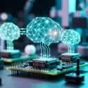 Glowing geometric brain shapes rising from circuit board chips, symbolizing artificial intelligence in hardware