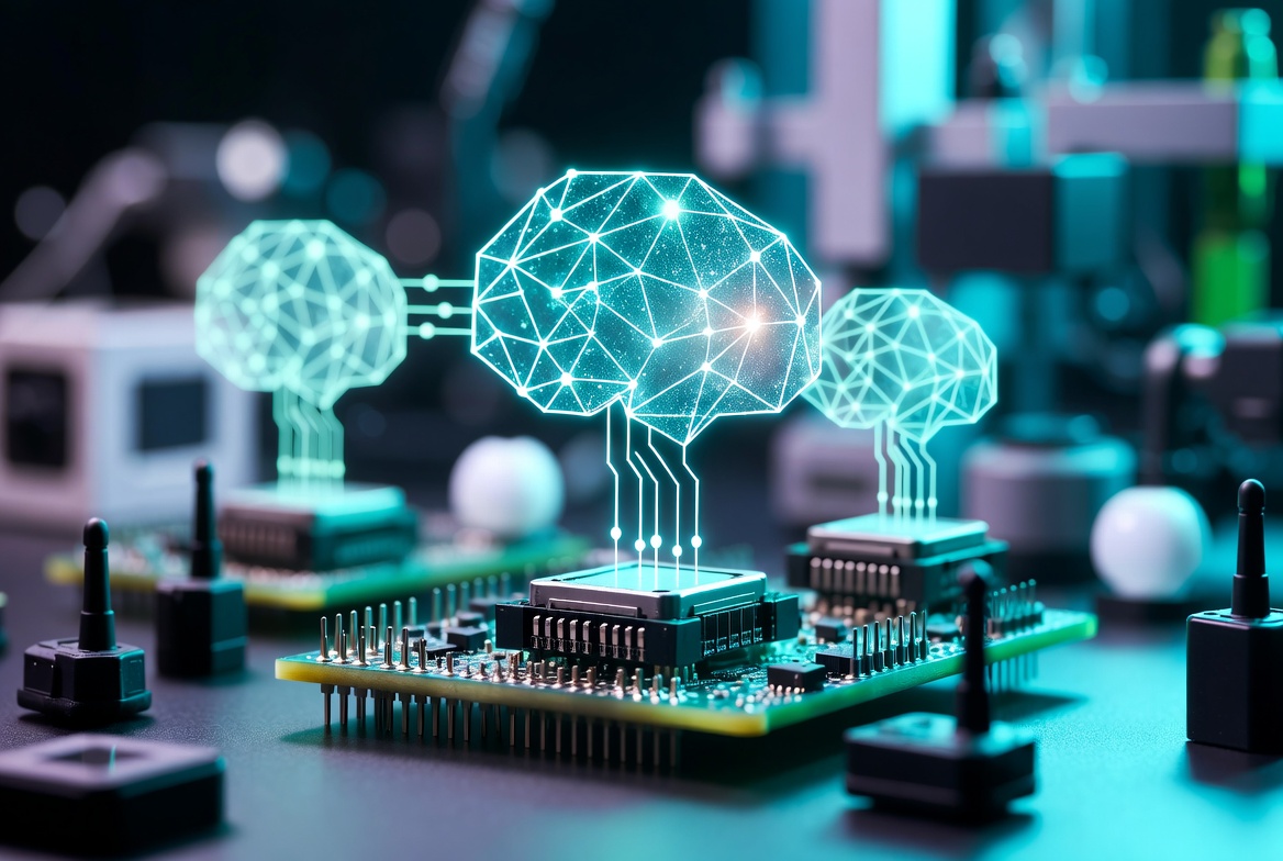 Glowing geometric brain shapes rising from circuit board chips, symbolizing artificial intelligence in hardware