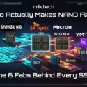 Infographic titled Who Actually Makes NAND Flash showing the 6 fabs behind every SSD: Samsung, SK Hynix, Micron, Kioxia, and YMTC, with chip and SSD imagery