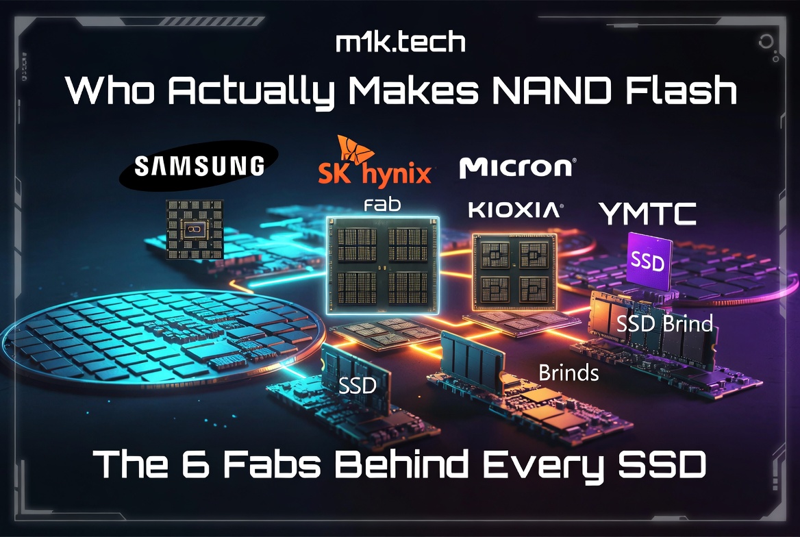 Infographic titled Who Actually Makes NAND Flash showing the 6 fabs behind every SSD: Samsung, SK Hynix, Micron, Kioxia, and YMTC, with chip and SSD imagery