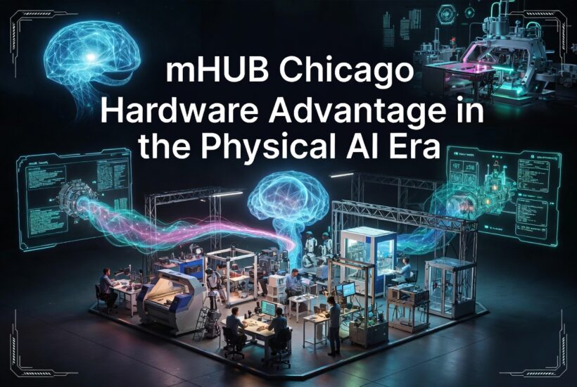 mHUB Chicago: hardware innovation center for the physical AI era, with engineers working alongside robots and advanced manufacturing equipment