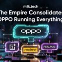 m1k.tech article graphic: The Empire Consolidates — OPPO Running Everything, with OPPO shown overseeing OnePlus, realme, and PEALPUS brands
