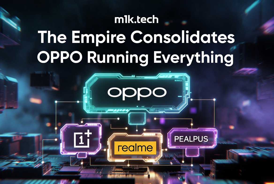 m1k.tech article graphic: The Empire Consolidates — OPPO Running Everything, with OPPO shown overseeing OnePlus, realme, and PEALPUS brands