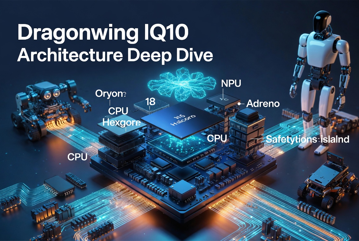 Dragonwing IQ10 Architecture Deep Dive diagram showing chip components: Oryon CPU, Hexgore, NPU, Adreno GPU, CPU, and Safety Island