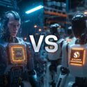 Two humanoid robots facing off, one bearing an NVIDIA Jetson Thor chip and the other a Qualcomm Dragonwing chip, with VS between them