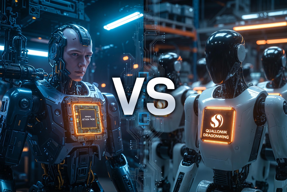 Two humanoid robots facing off, one bearing an NVIDIA Jetson Thor chip and the other a Qualcomm Dragonwing chip, with VS between them