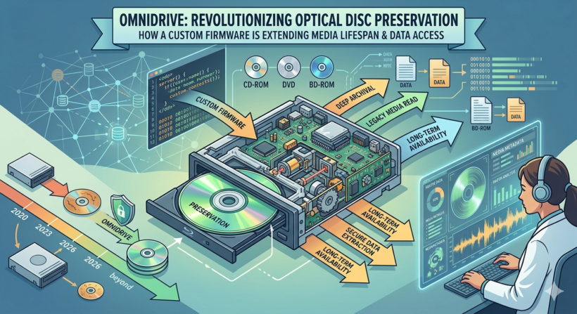 OmniDrive infographic: How custom firmware extends optical disc lifespan for deep archival and secure data extraction