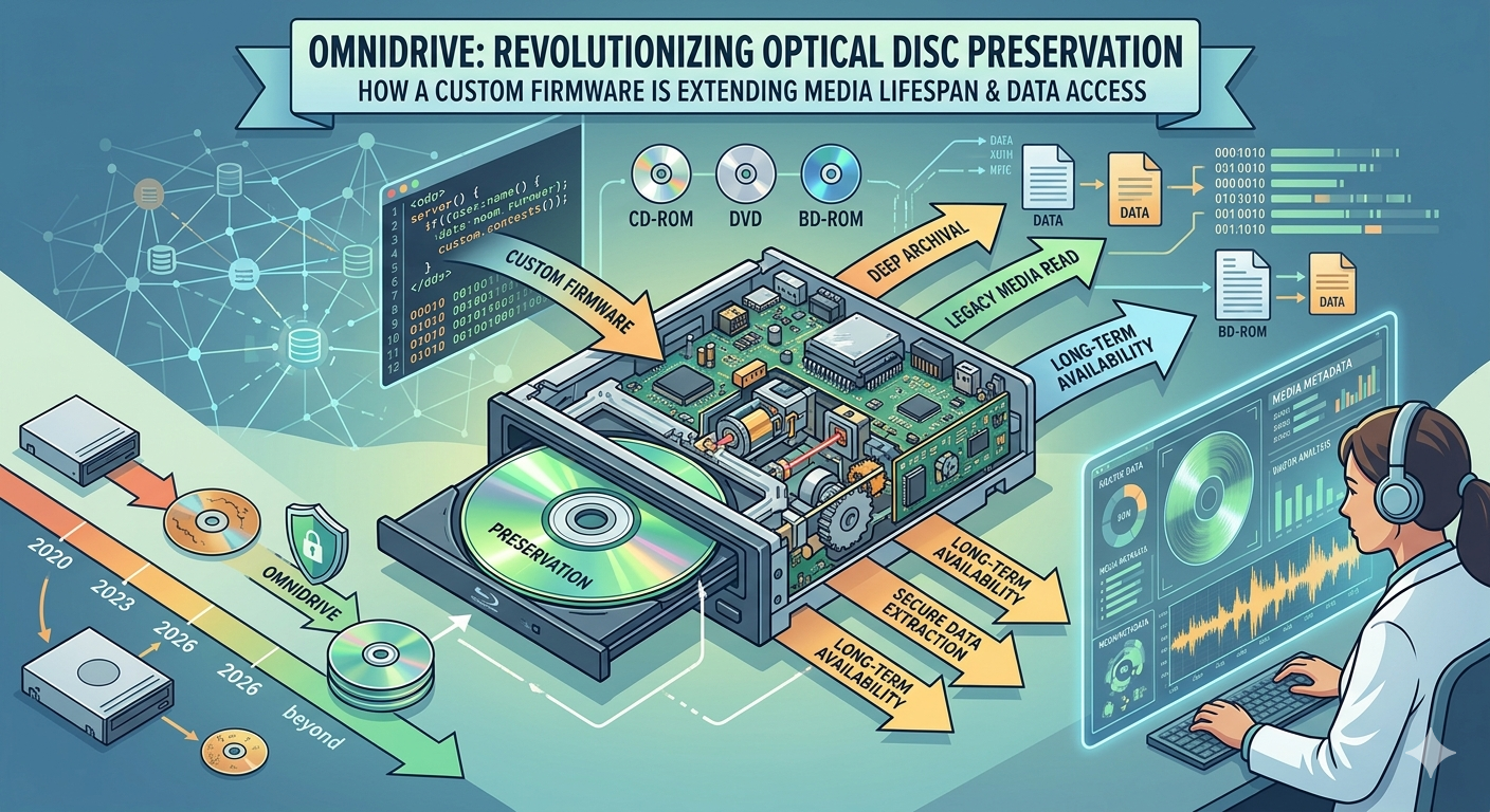 OmniDrive infographic: How custom firmware extends optical disc lifespan for deep archival and secure data extraction