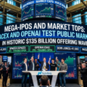 Executives celebrate at Nasdaq under a screen announcing SpaceX and OpenAI IPOs in a $135 billion offering wave