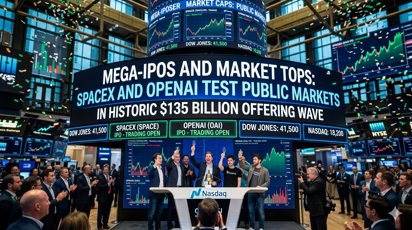 Executives celebrate at Nasdaq under a screen announcing SpaceX and OpenAI IPOs in a $135 billion offering wave