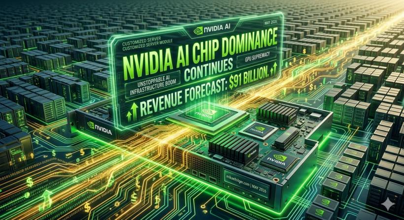 NVIDIA AI Chip Dominance Continues graphic with a $91 billion revenue forecast over a server room background