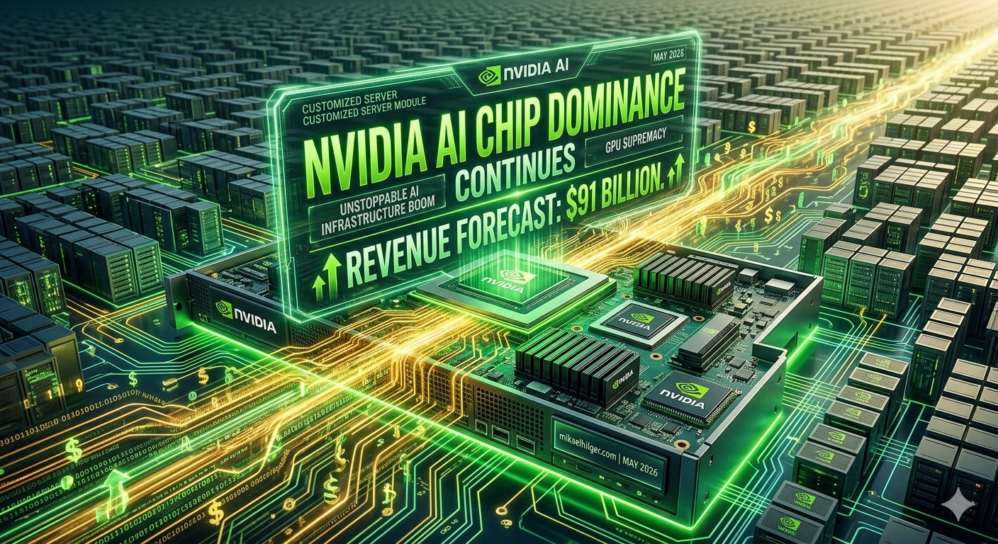 NVIDIA AI Chip Dominance Continues graphic with a $91 billion revenue forecast over a server room background