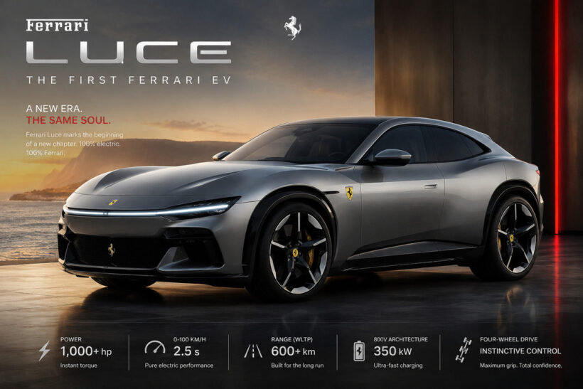 Ferrari Luce electric vehicle reveal at the Vela di Calatrava in Rome, May 2026