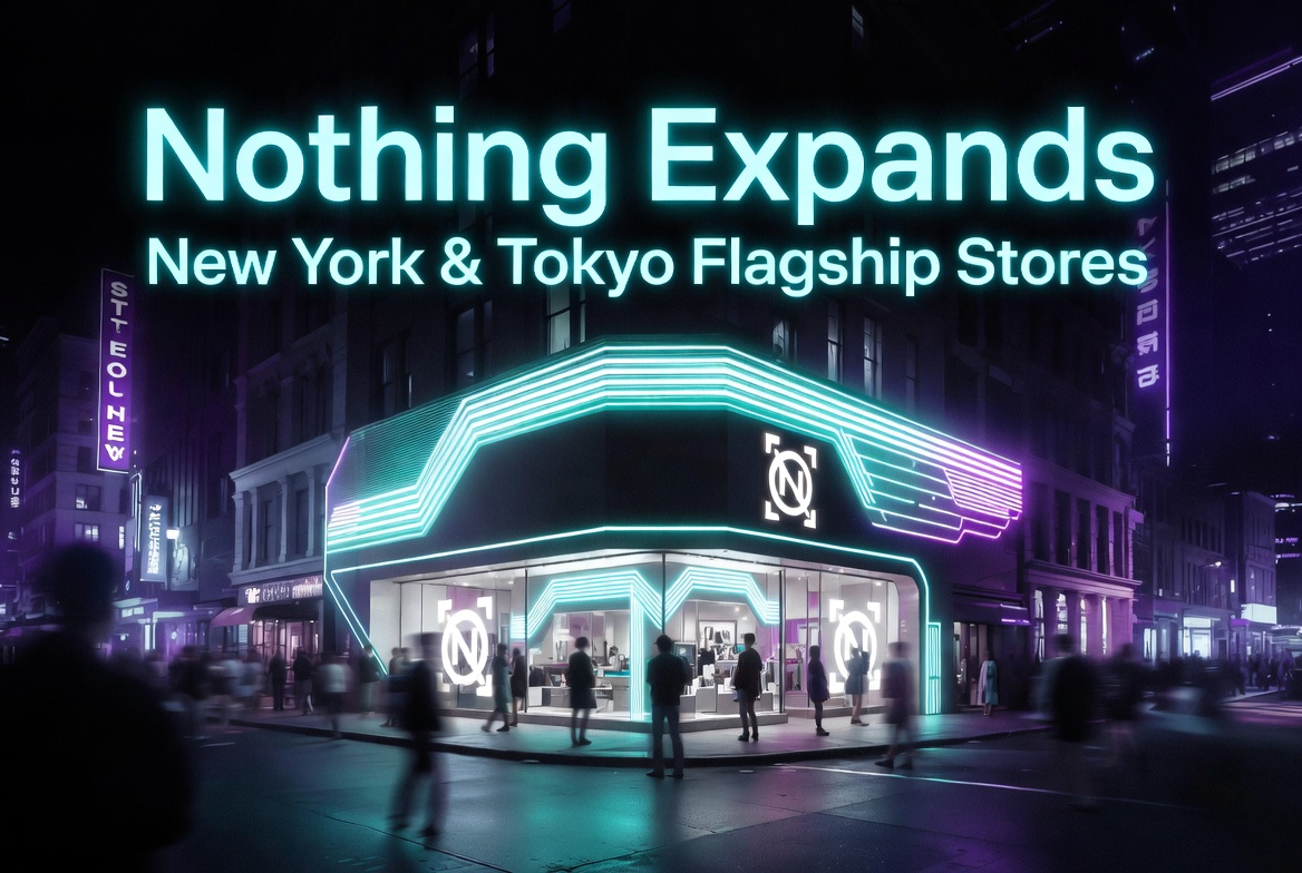 Nothing Expands: New York & Tokyo Flagship Stores — futuristic neon-lit Nothing store on a city street corner at night