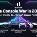 m1k.tech infographic: The Console War in 2026 — Sony Won the Box, Microsoft Stopped Fighting. Three categories: Traditional Console dominating, Multiplatform/Cloud expansion, Portable/hybrid innovation