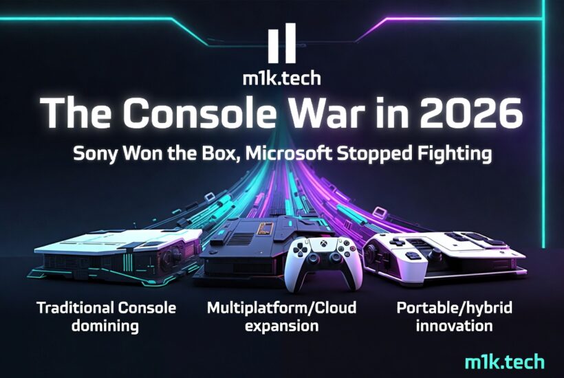 m1k.tech infographic: The Console War in 2026 — Sony Won the Box, Microsoft Stopped Fighting. Three categories: Traditional Console dominating, Multiplatform/Cloud expansion, Portable/hybrid innovation