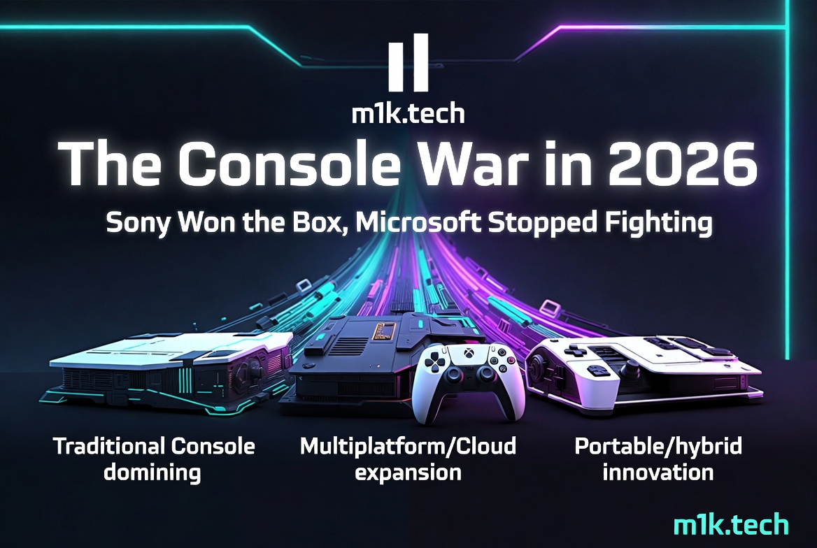 m1k.tech infographic: The Console War in 2026 — Sony Won the Box, Microsoft Stopped Fighting. Three categories: Traditional Console dominating, Multiplatform/Cloud expansion, Portable/hybrid innovation