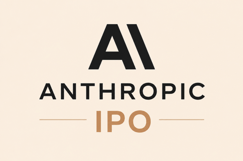Anthropic logo and Claude AI branding over a stock market and IPO filing visual, representing the company's confidential S-1 filing at a $965 billion valuation