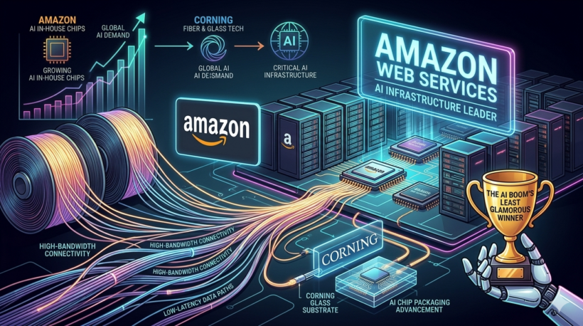 Infographic showing Corning fiber cables feeding into Amazon Web Services data centers, labeled "The AI Boom's Least Glamorous Winner," illustrating how Corning's optical fiber and glass technology form the high-bandwidth connectivity backbone of AI infrastructure