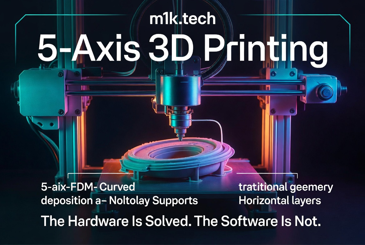 m1k.tech 5-Axis 3D Printing — The Hardware Is Solved. The Software Is Not. A 3D printer producing a curved ring-shaped object