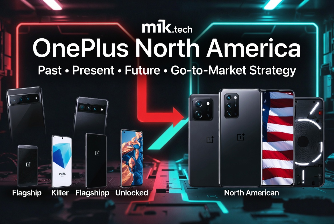 OnePlus North America: Past, Present, Future, and Go-to-Market Strategy infographic showing evolution from Flagship, Killer, Flagshipp, and Unlocked models to North American lineup