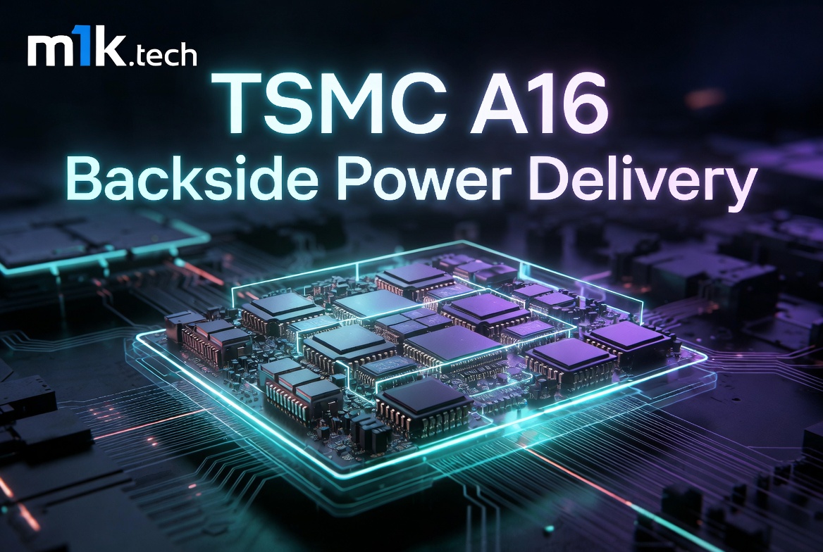 TSMC A16 Backside Power Delivery — m1k.tech article header with a glowing chip illustration