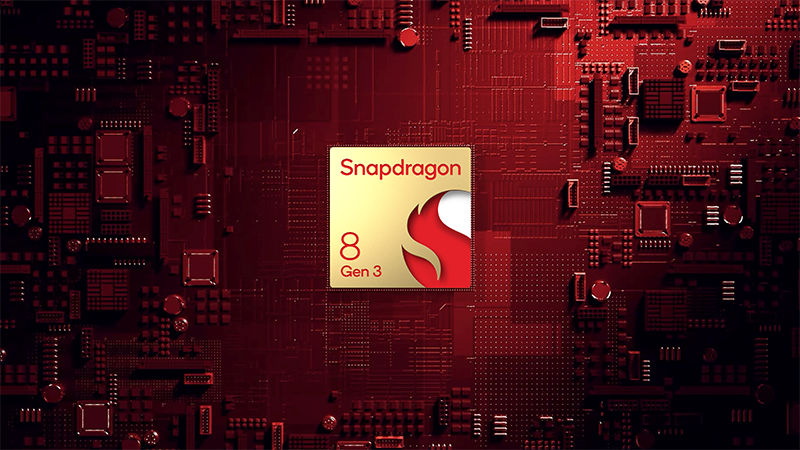 Snapdragon 8 Gen 3 chip on a red circuit board background