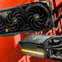 Front and side views of ASUS ROG graphics cards featuring gold accents, triple fans, and an integrated side display