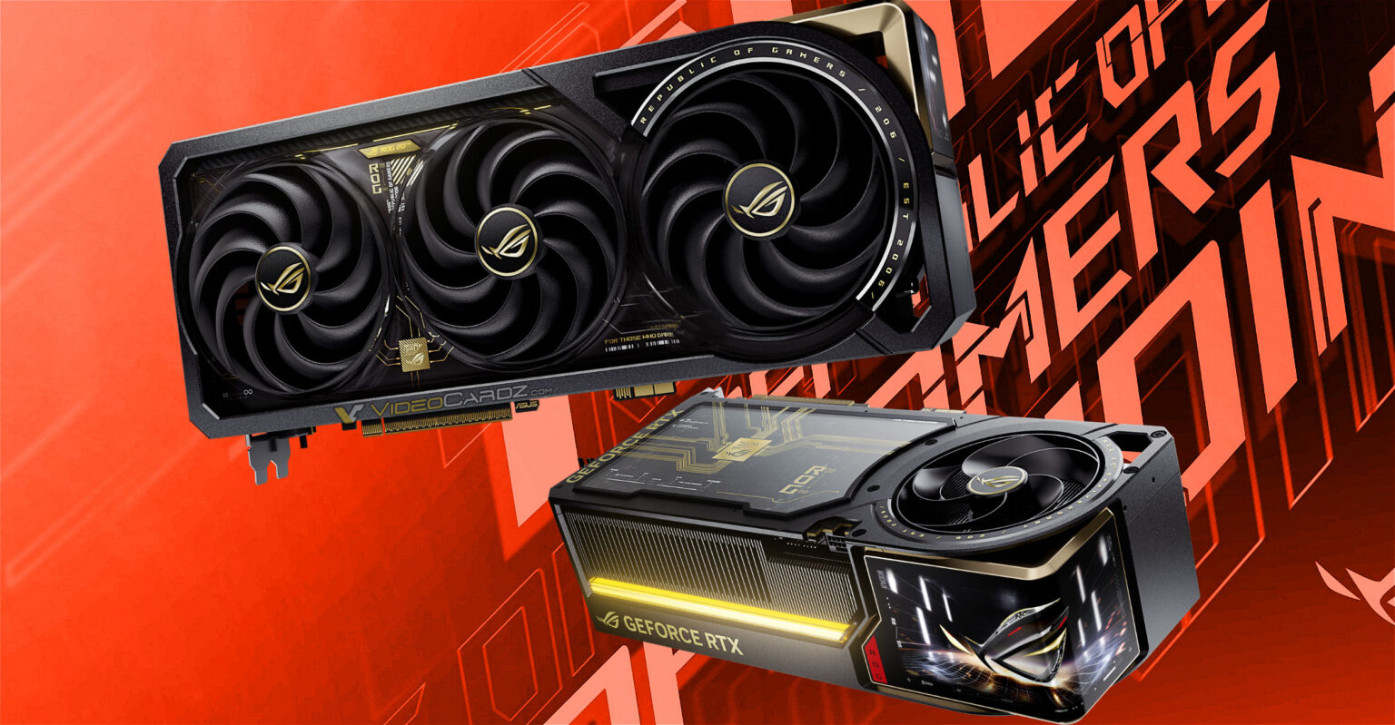 Front and side views of ASUS ROG graphics cards featuring gold accents, triple fans, and an integrated side display
