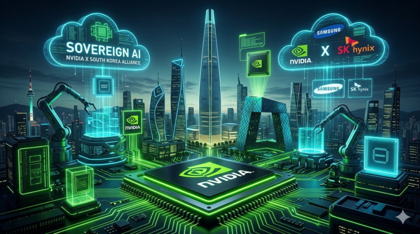 Stylized illustration of the NVIDIA x South Korea Sovereign AI alliance, featuring NVIDIA and SK Hynix logos, robotic arms, chips, and a Seoul skyline