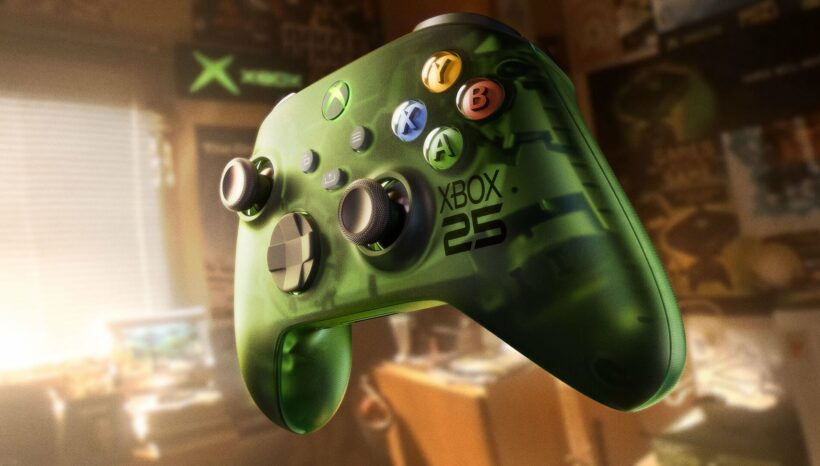 Xbox Series X25 Limited Edition console and controller in translucent green, displayed against a dark background for the 25th anniversary