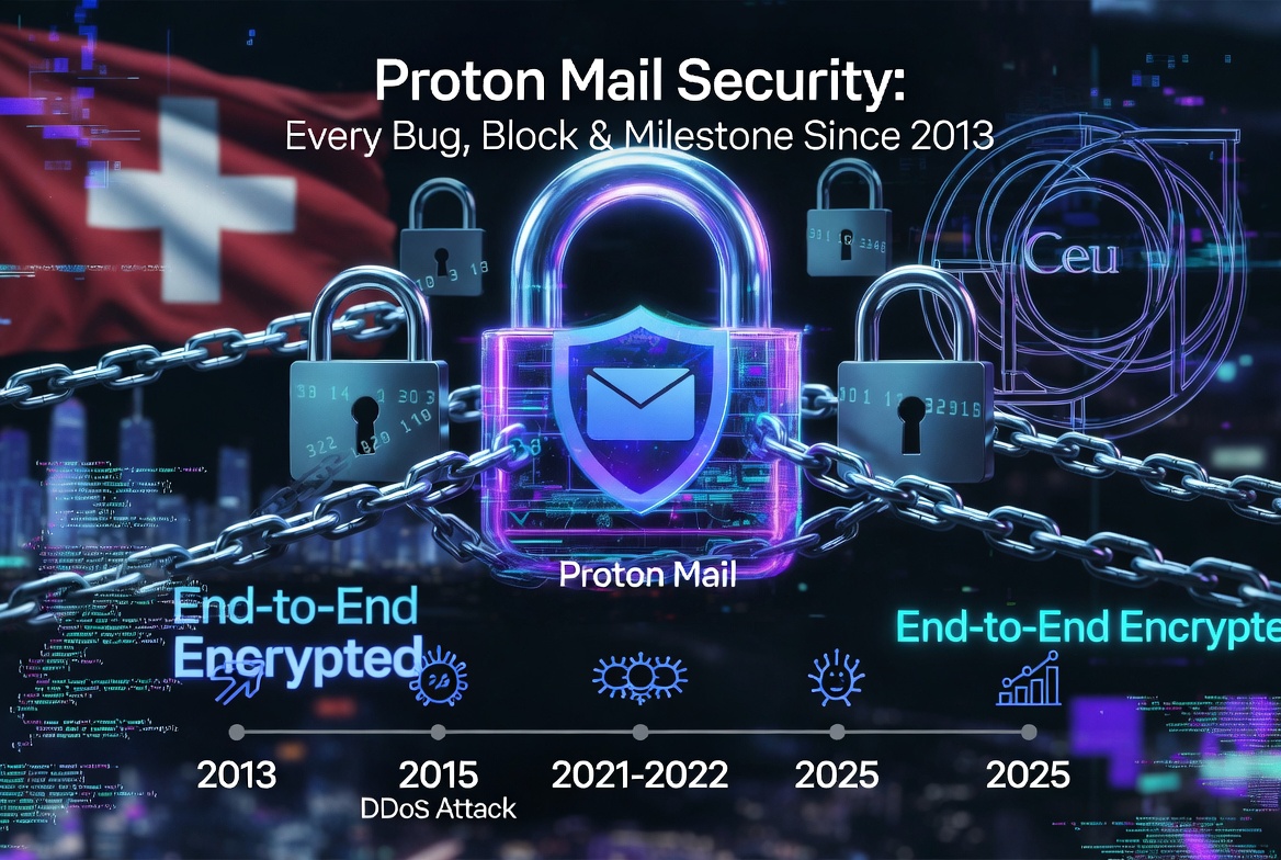 Proton Mail Security: Every Bug, Block and Milestone Since 2013, timeline graphic spanning 2013, 2015 DDoS Attack, 2021 to 2022, and 2025, with padlocks, chains, Swiss flag, and end-to-end encryption labels