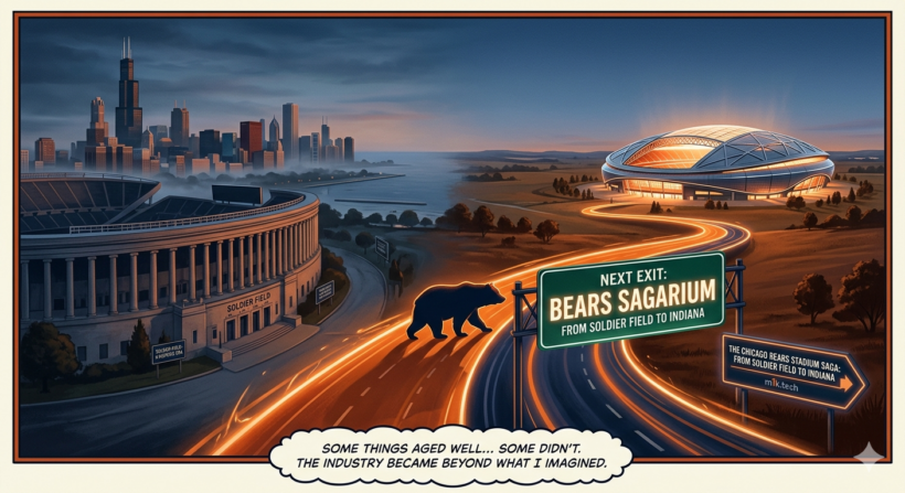 Illustrated split scene: Soldier Field and the Chicago skyline on the left, a glowing modern domed stadium in Indiana on the right, with a bear silhouette crossing a highway toward a road sign reading Next Exit: Bears Stadium, From Soldier Field to Indiana