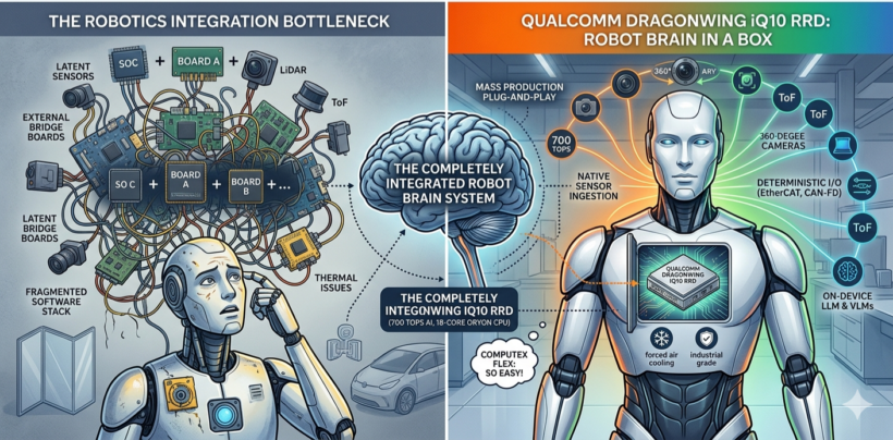Two-panel illustration contrasting today's robotics integration bottleneck: a stressed humanoid tangled in separate SOCs, bridge boards, sensors, and fragmented software; versus the Qualcomm Dragonwing IQ10 RRD solution: a confident humanoid housing a single integrated module delivering 700 TOPS AI, native sensor ingestion, 360-degree cameras, ToF, on-device LLMs, and industrial-grade cooling.