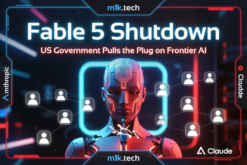 Fable 5 Shutdown: US Government Pulls the Plug on Frontier AI. A humanoid robot surrounded by disconnected user icons, representing Anthropic's Claude models being cut off from users globally.