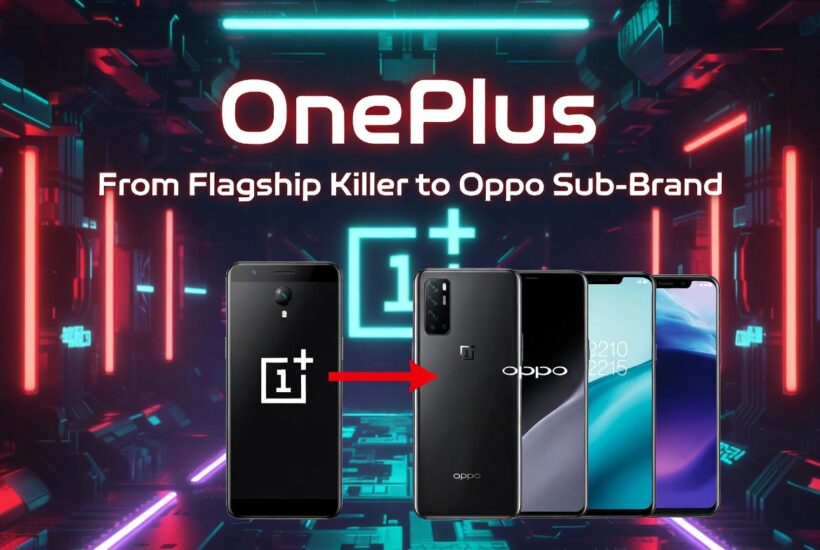 OnePlus: From Flagship Killer to Oppo Sub-Brand — arrow pointing from a OnePlus phone to Oppo-branded devices