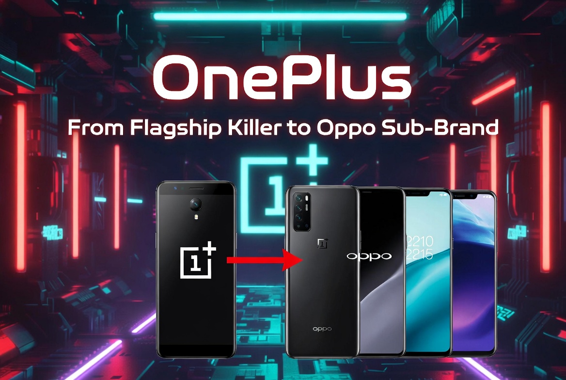 OnePlus: From Flagship Killer to Oppo Sub-Brand — arrow pointing from a OnePlus phone to Oppo-branded devices