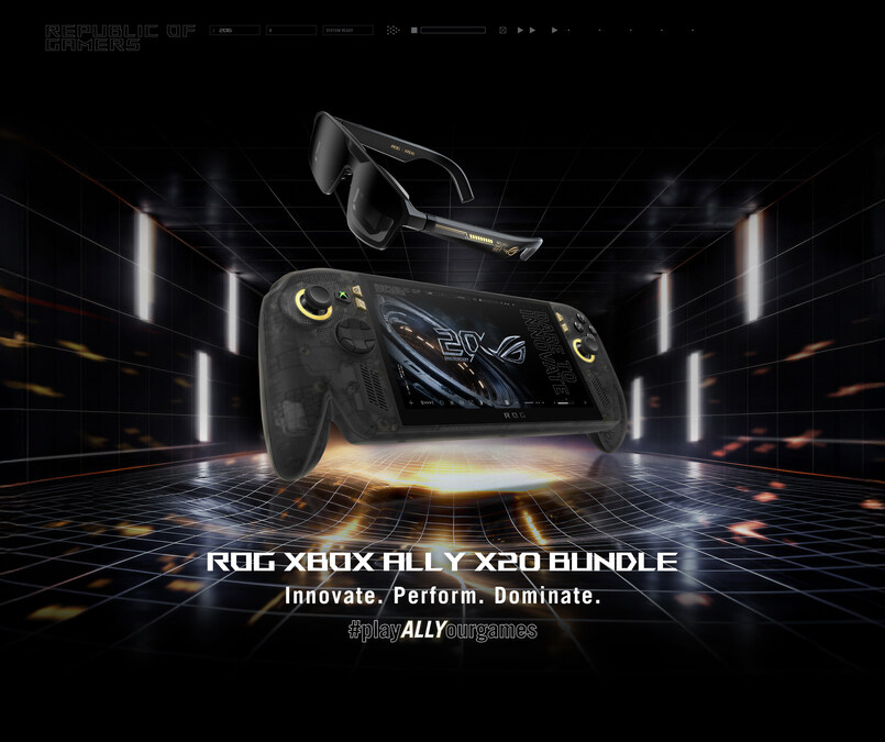 ASUS ROG Xbox Ally X20 handheld gaming device in translucent black and gold colorway, with gold internal fans and joystick lighting visible through the chassis, displayed at Computex 2026