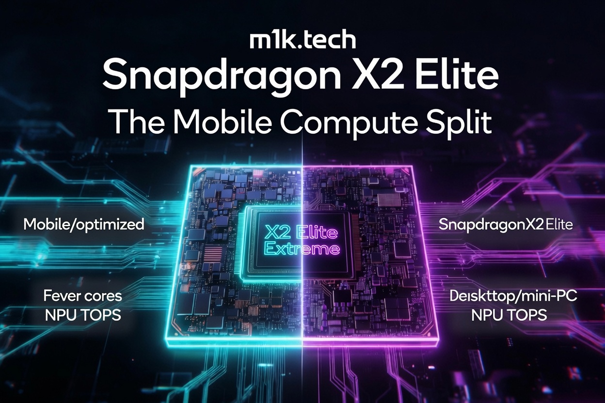 Snapdragon X2 Elite mobile compute split: mobile/optimized variant has fewer cores and lower NPU TOPS; desktop/mini-PC variant has higher NPU TOPS